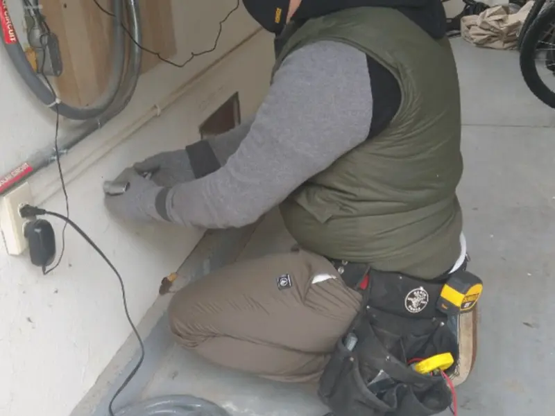 Electrician performing outlet wiring in a Barnwell garage
